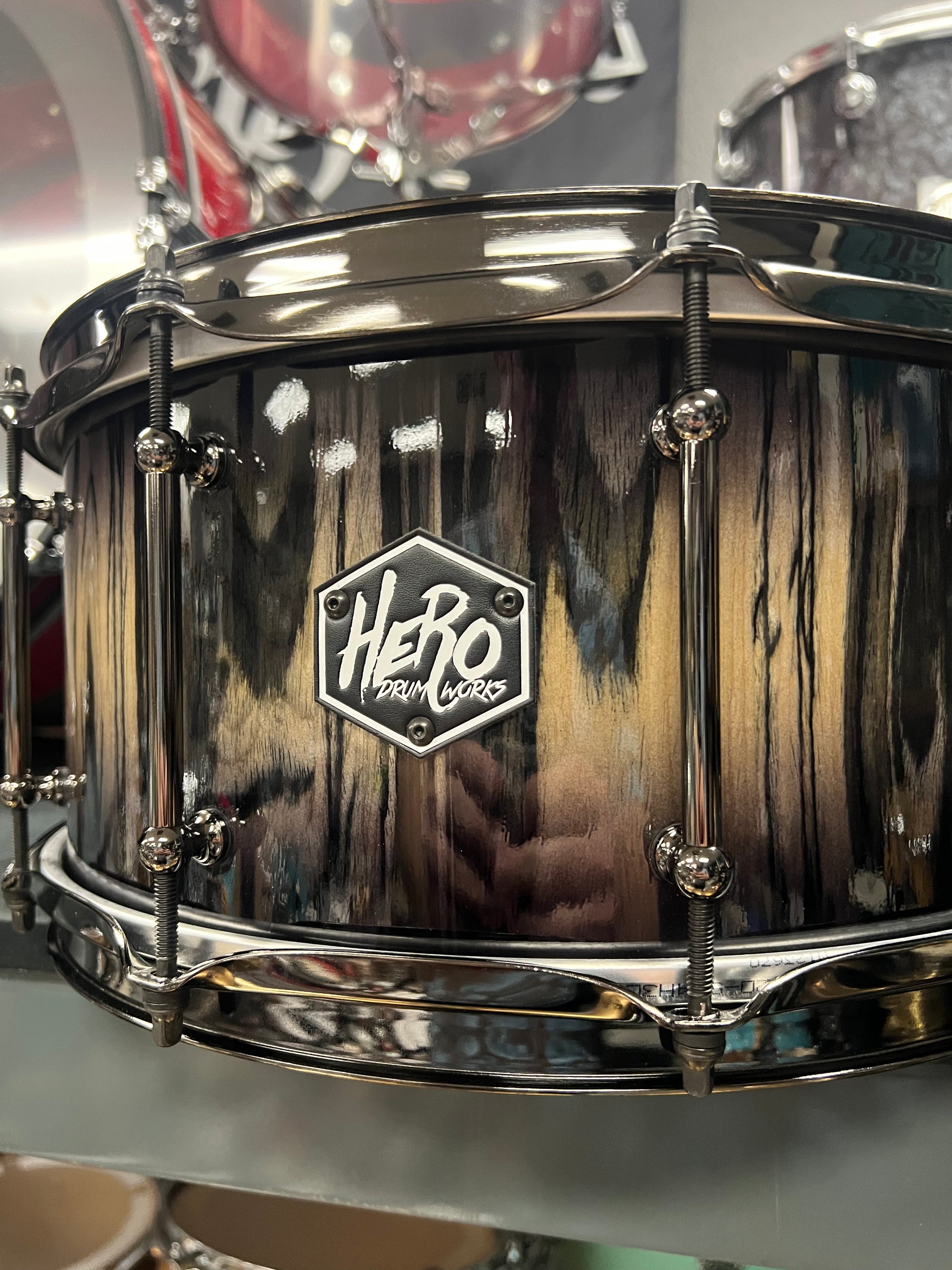 Hero Drum Works 14x6.5” Ebony Candy Black Burst Maple Snare