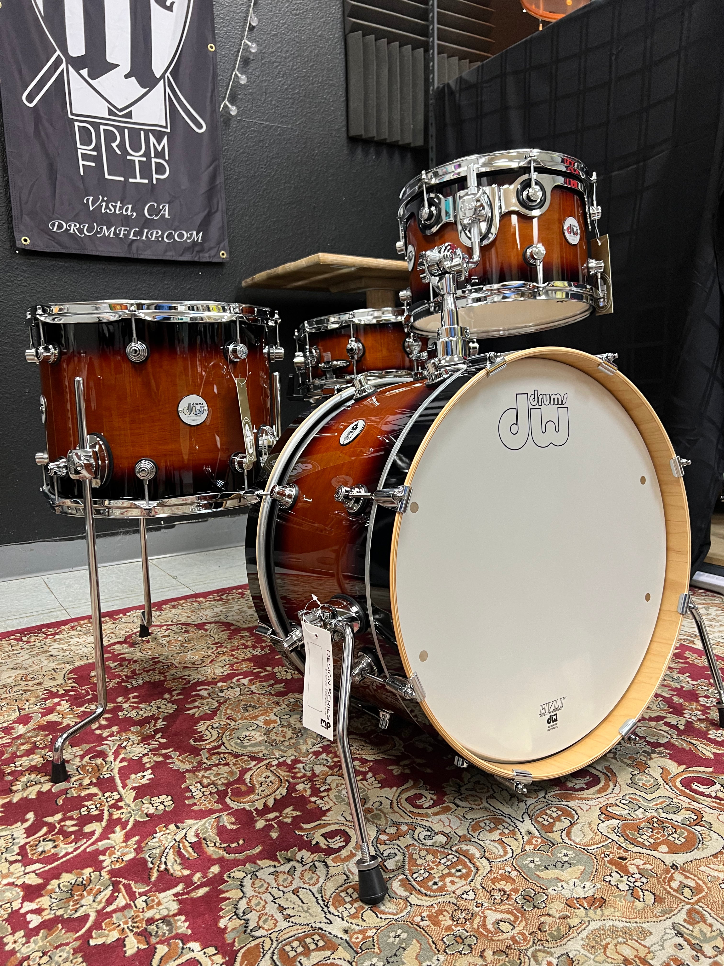 DW Design Frequant Flyer Tobacco Burst 4pc Drum Set Drum Flip