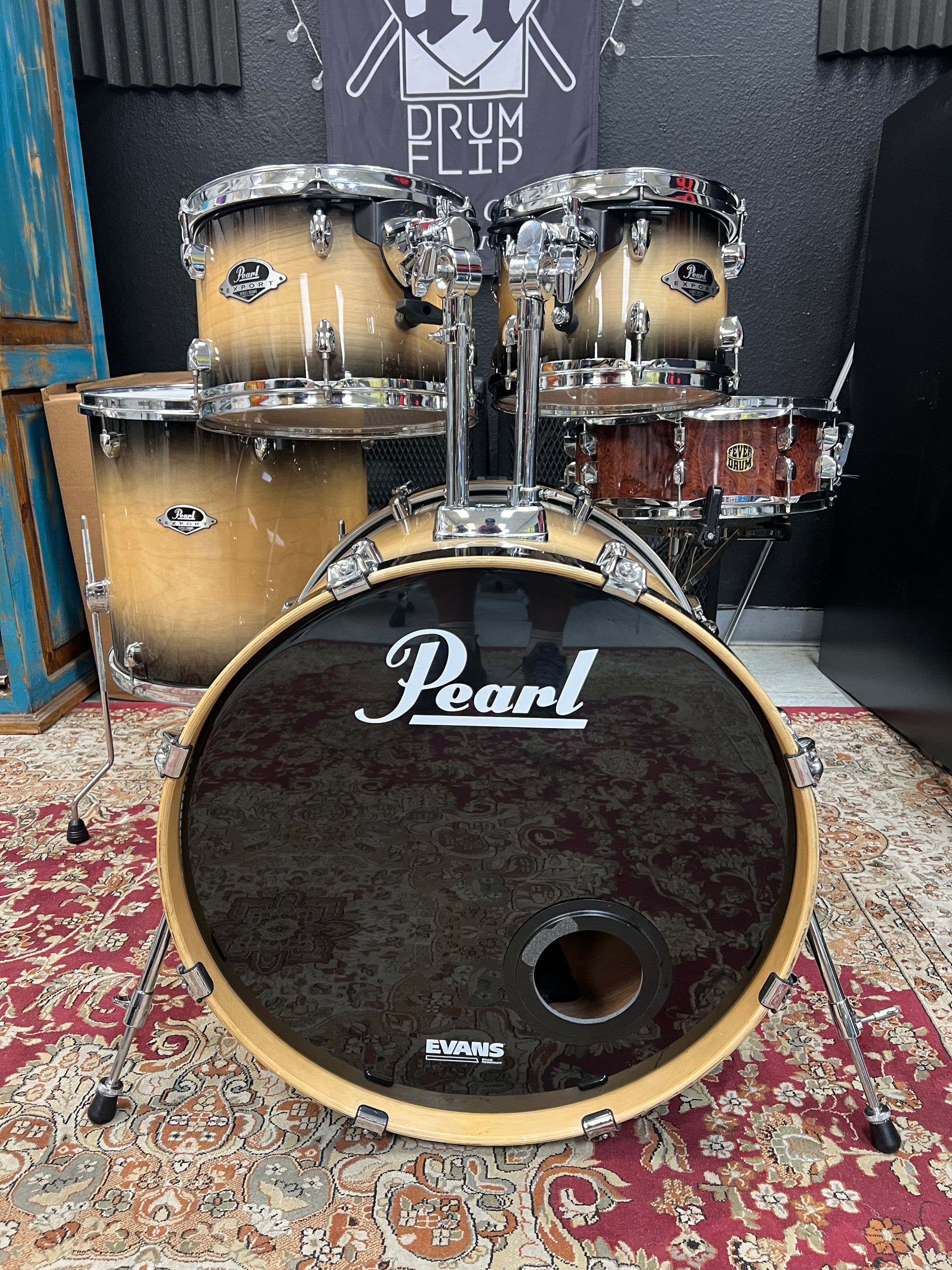 Pearl Export 5pc Lacquer Natural To Black Burst Drum Set