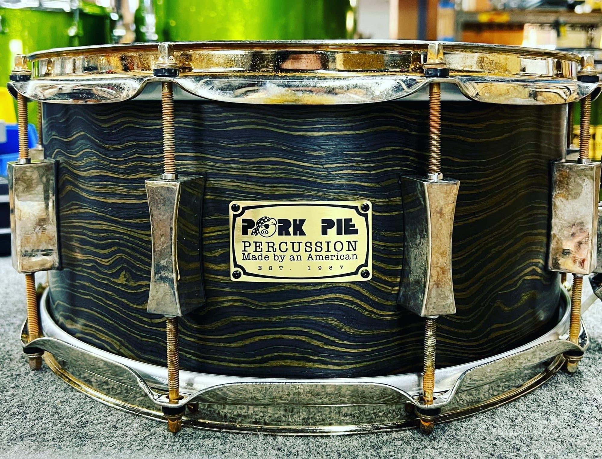 Pork Pie 14x6.5” Ebony Snare With Aged Hardware